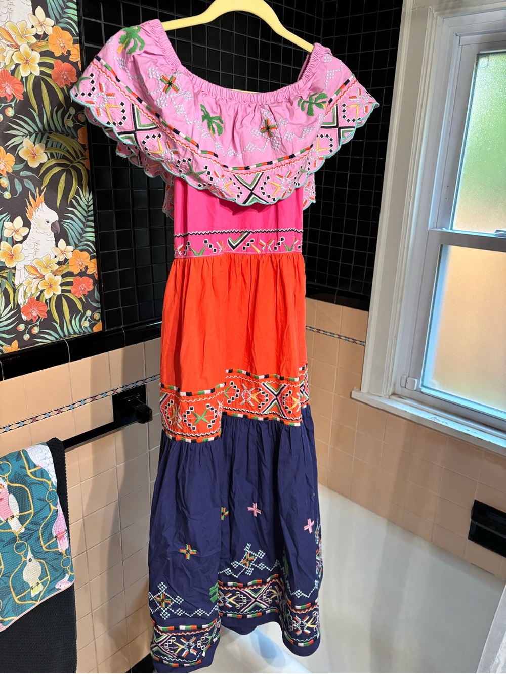 Multicolor Tiered Embroidered Maxi Dress - Pink, Orange & Navy